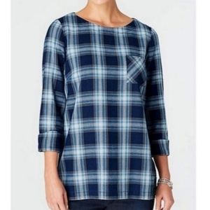 3/$15 J. Jill Plaid Button Back Top Blouse Blue Cotton L